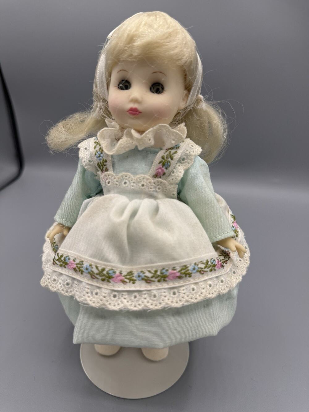 Vintage Ideal 8” Doll Blonde Sleep Eyes Blue Dress Apron Floral Outfit